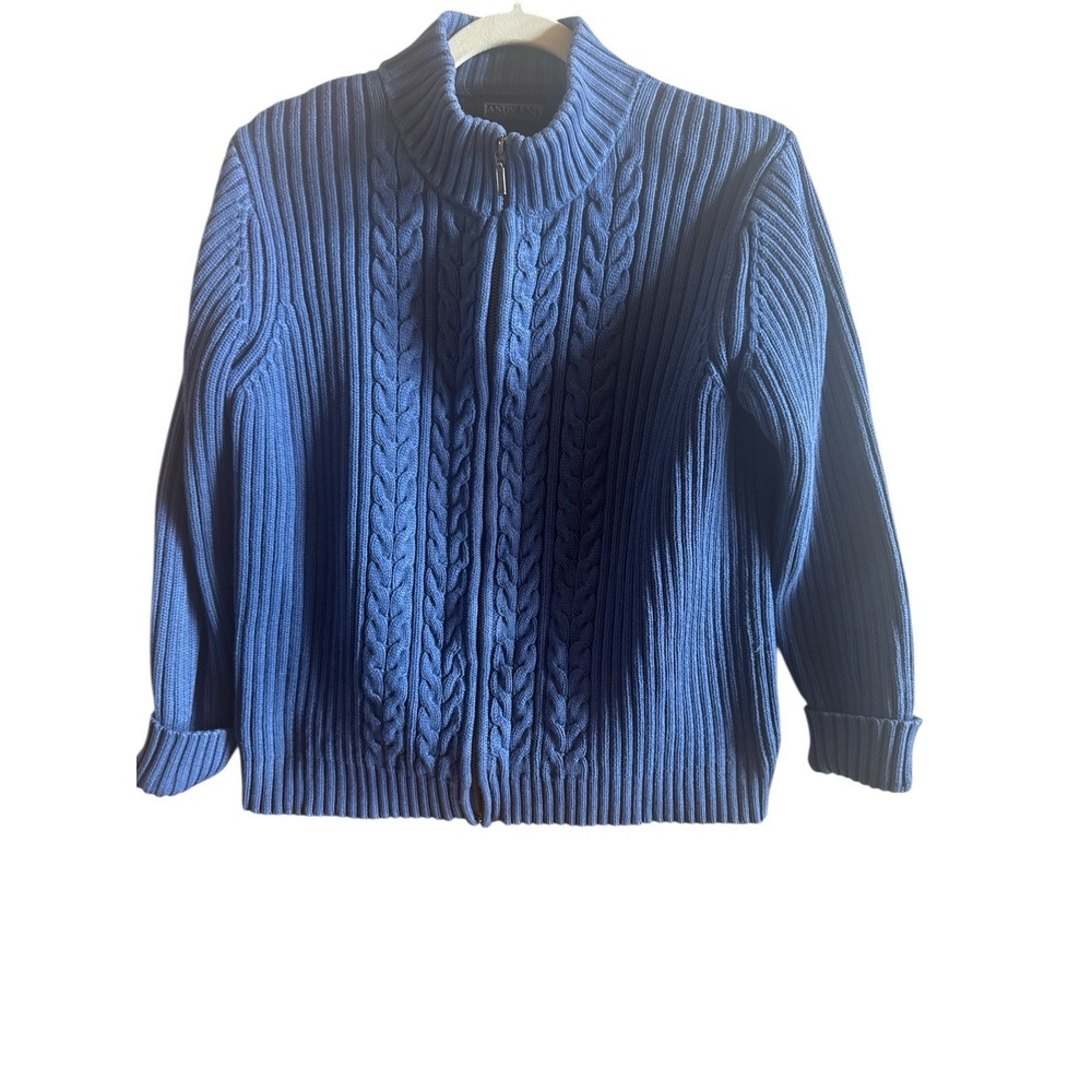 Land's End Blue Medium Petite (Sz10-12) Woman's Cable Knit‎ Cotton Zip Cardigan